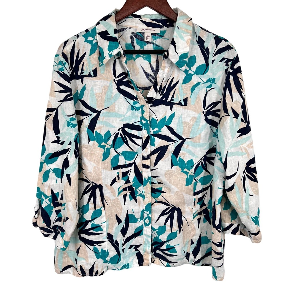 JM Collection 100% LINEN Plus Size 18 Tropical Beach Blue Green Blouse Shirt Top
